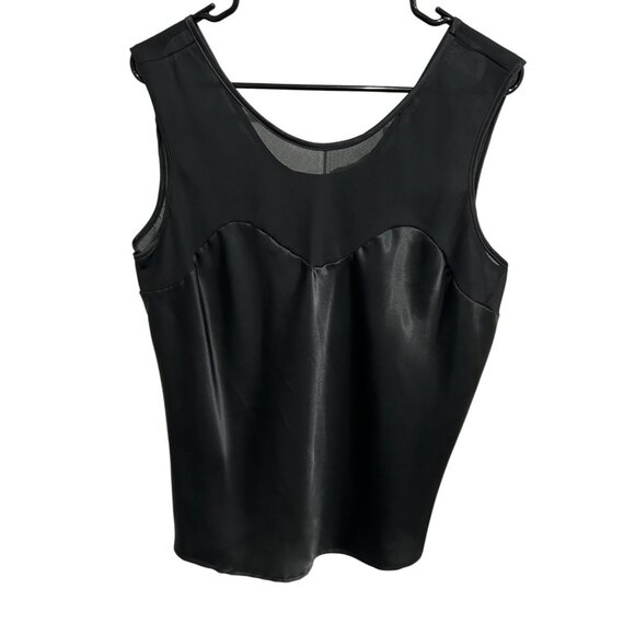 Black Sleeveless Satin Mesh Tank Top Rounded Neckline - Picture 1 of 8